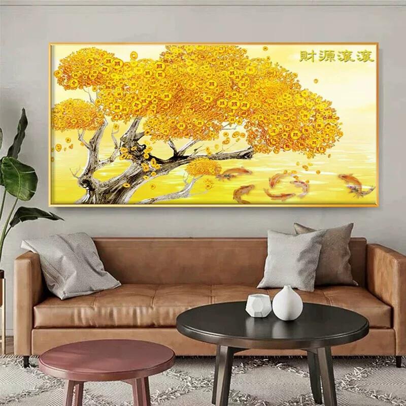 发财树现代简约客厅沙发背景墙装饰画挂画横版摇钱树餐厅招财壁画