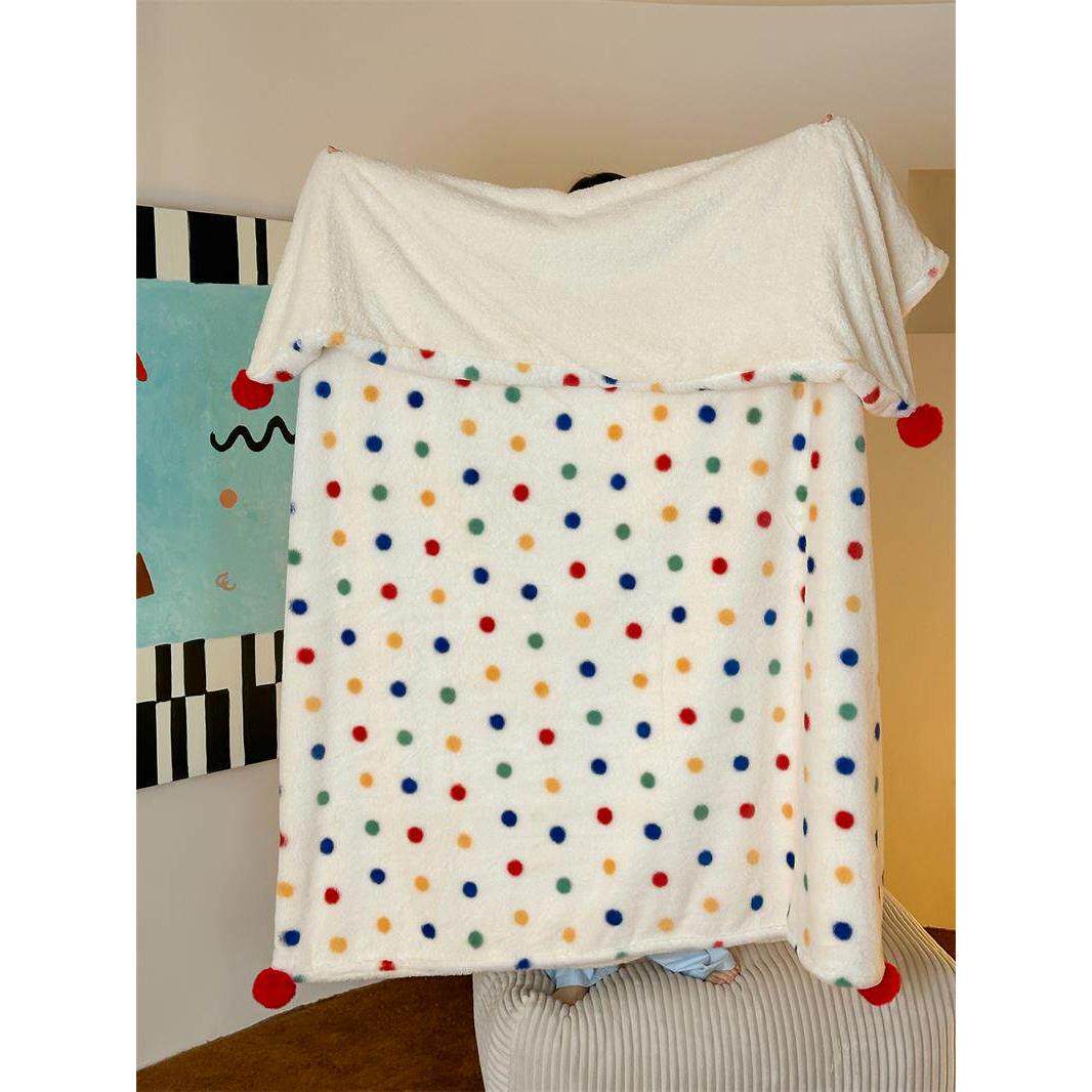 ins少女心毛绒球兔子丝绒彩色圆点午餐毯、套毯、秋冬毯、沙发休