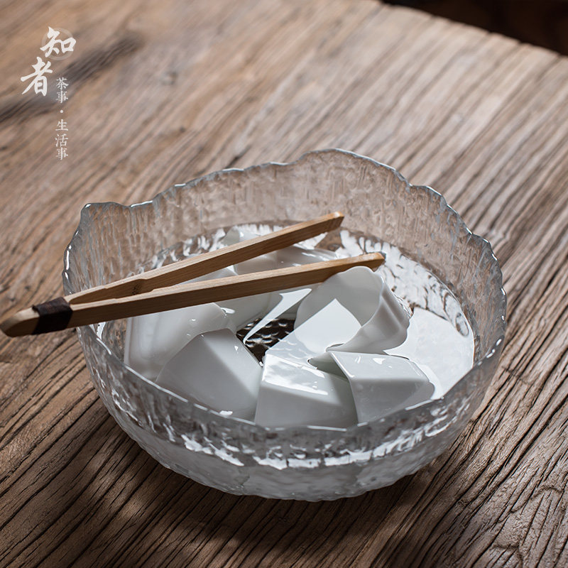 锤目纹玻璃茶洗 功夫茶具配件茶水盆果盘 大号茶杯碗水盂杯洗