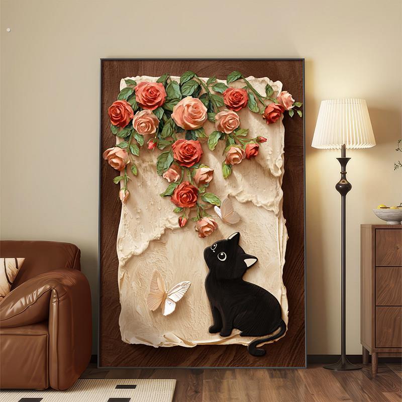 中古风猫咪客厅装饰画玫瑰高级感落地画复古沙发背景墙挂画玄关画