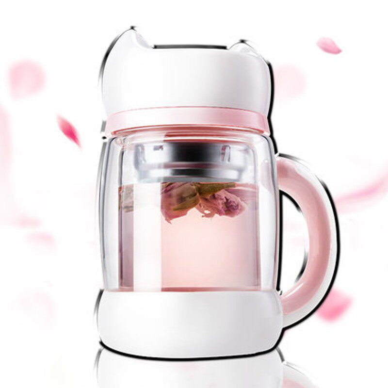凯霖猫咪杯双层玻璃杯女花茶杯子泡茶办公便携创意可爱水杯大口径