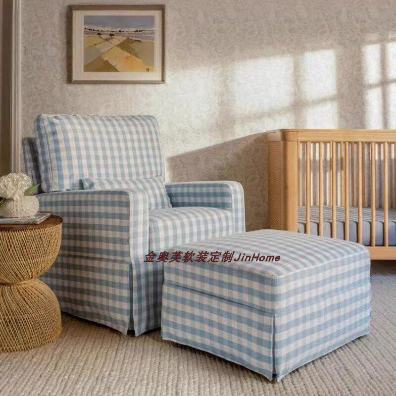 田园清新蓝色条纹格子单人椅法式复古奶油风休闲洽谈治愈沙发脚踏,住宅家具,布艺沙发,淘宝优惠券,粉丝福利购,淘宝优惠卷