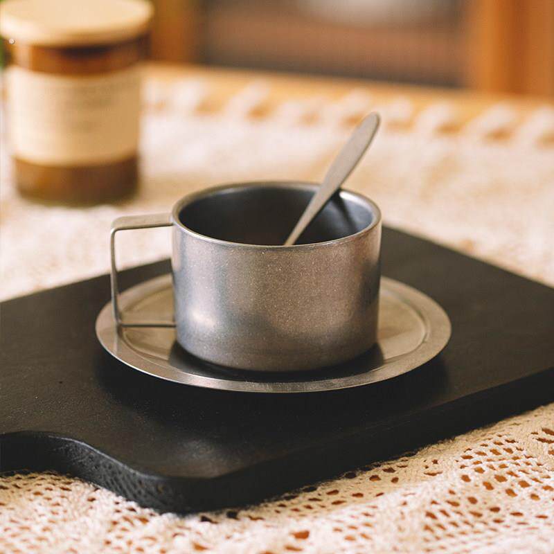 创意美式咖啡杯碟勺小奢华水杯不锈钢杯子覆古做旧马克杯工业风