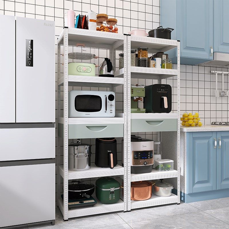 白色厨房置物架落地多层带灰绿色抽屉微波炉烤箱收纳柜子家用橱柜