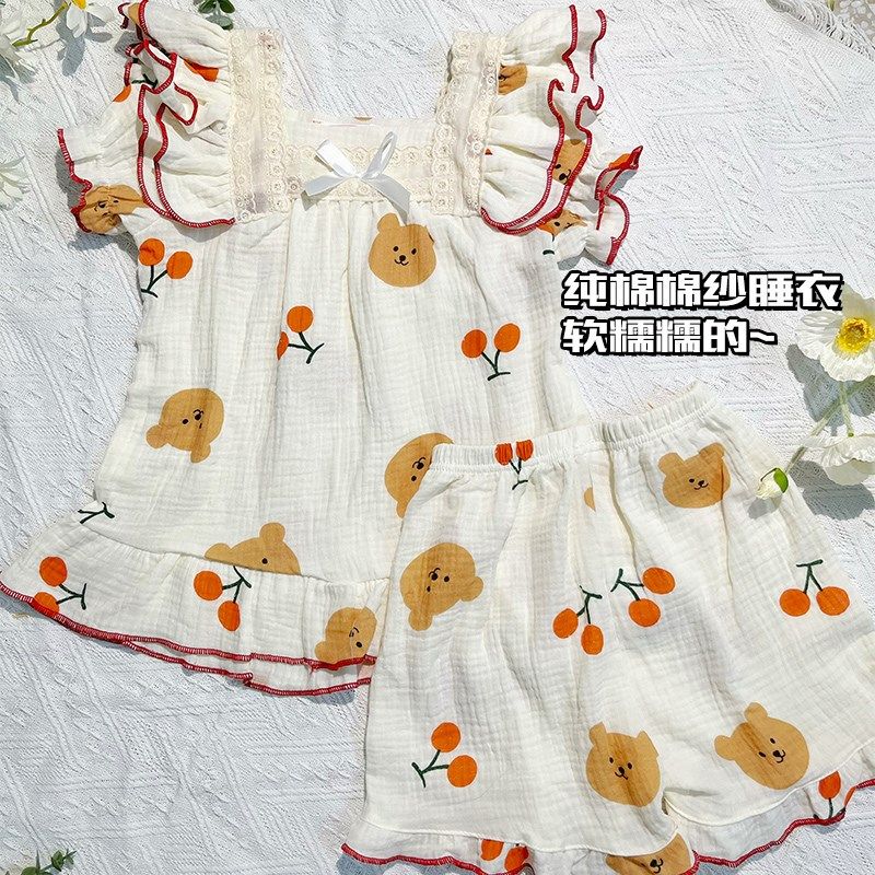 棉纱儿童睡衣2024新款夏季短袖女孩纯棉宫廷风亲子家居服女童套装,童装/婴儿装/亲子装,家居服套装,淘宝优惠券,粉丝福利购,淘宝优惠卷