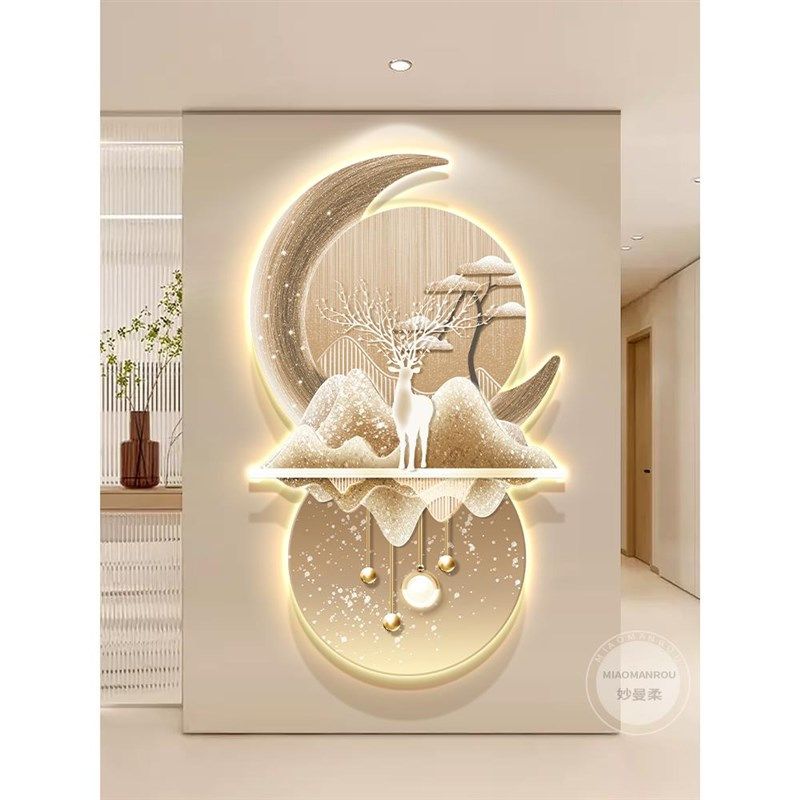 过道走廊高级福鹿挂画客厅简约发光壁灯画立体砂岩大气玄关装饰画