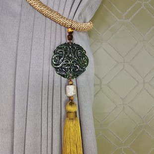 中式古玩镂空墨绿色玉石手工艺客厅流苏吊穗窗帘绑带玉壁吊带挂球