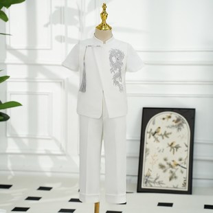 儿童西装套装2024新款夏季中式主持人礼服男童白色钢琴演出服生日