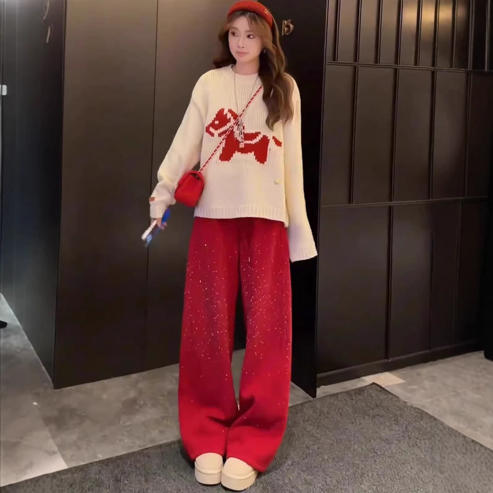 2026春装一整套女慵懒风红色提花小马毛衣上衣高腰阔腿裤两件套女