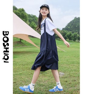 初中生连衣裙少女孩新款2024夏季高中生中长裙子大童短袖学生时尚