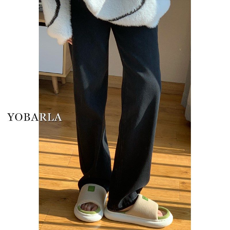 黑色直筒牛仔裤女春秋大码胖mm梨形身材宽松显瘦高腰拖地阔腿裤子