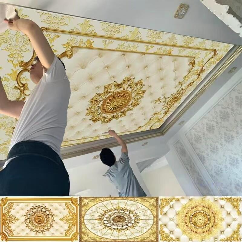 欧式浮雕金黄色悬吊式天花板壁画宫廷客厅天花板墙布走廊过道顶棚