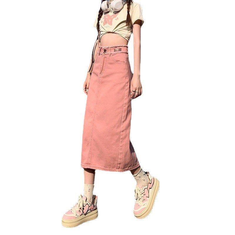 脏粉色牛仔半身裙女夏季春秋2025新款开叉中长款毛边高腰包臀裙子