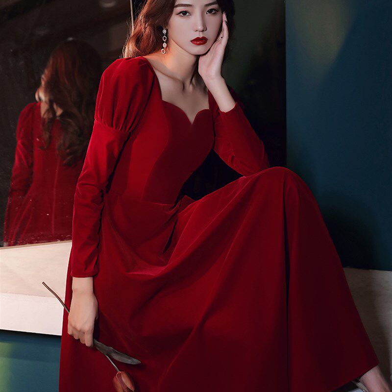 敬酒服新娘2021年秋季新款晚礼服方领长袖简约大方长款连衣裙日常