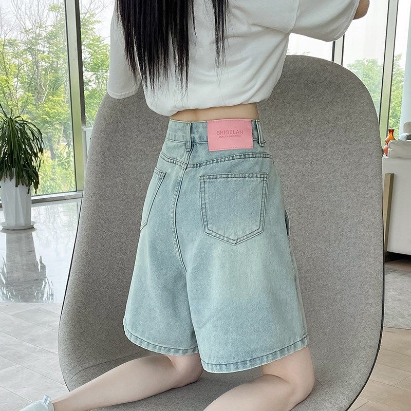 浅蓝色阔腿牛仔短裤女夏季新款高腰褶皱显瘦中裤宽松百搭a字5分裤