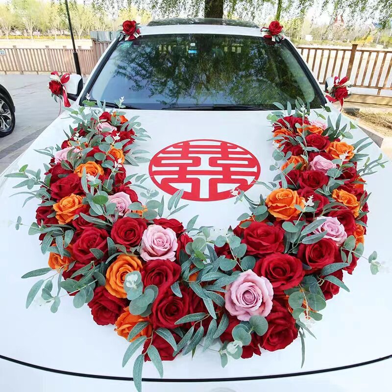 大V 红色主婚车装饰车头花香槟色婚车花艺装饰结婚礼品全套婚庆花