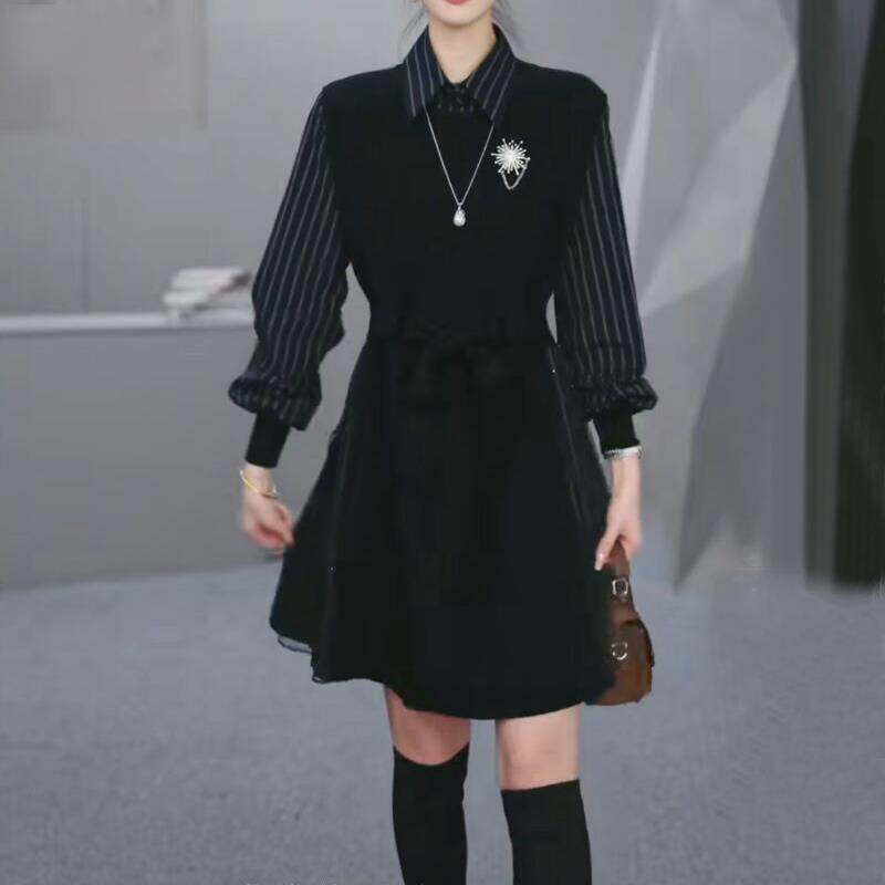 2025秋冬新款女装SD条纹拼接连衣裙收腰显廋长袖假两件针织裙