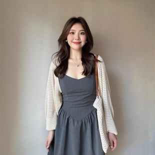 大码胖mm复古气质吊带短裙夏装开衫高级感穿搭小个子连衣裙两件套