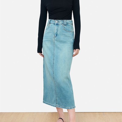 SJOG后开叉水洗蓝色牛仔裙子2024夏季复古百搭高腰显瘦A字半身裙