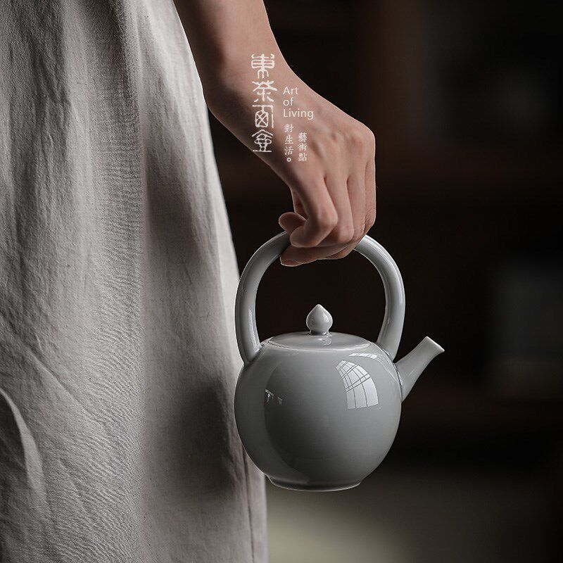 冰灰釉陶瓷茶具灰色百搭日式茶壶半手工功夫泡茶器圆月提梁壶单壶