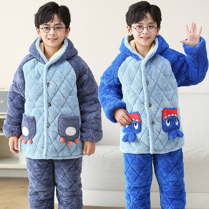 男童睡衣冬季三层夹棉加绒加厚女童中长款保暖家居服小孩卡通套装