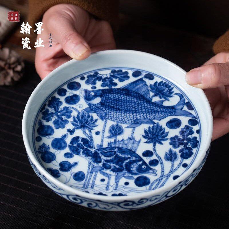 景德镇陶瓷仿古泥青花鱼藻纹壶承单个干泡台茶托壶盘家用茶具果盘