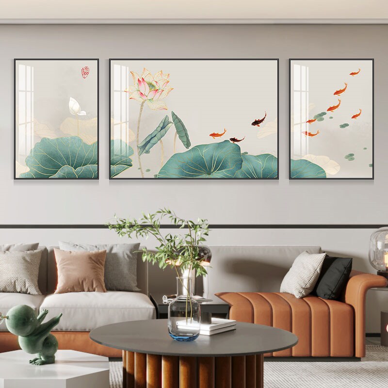 荷花九鱼图大气装饰画新中式沙发客厅挂画轻奢背景墙三联画墙定做