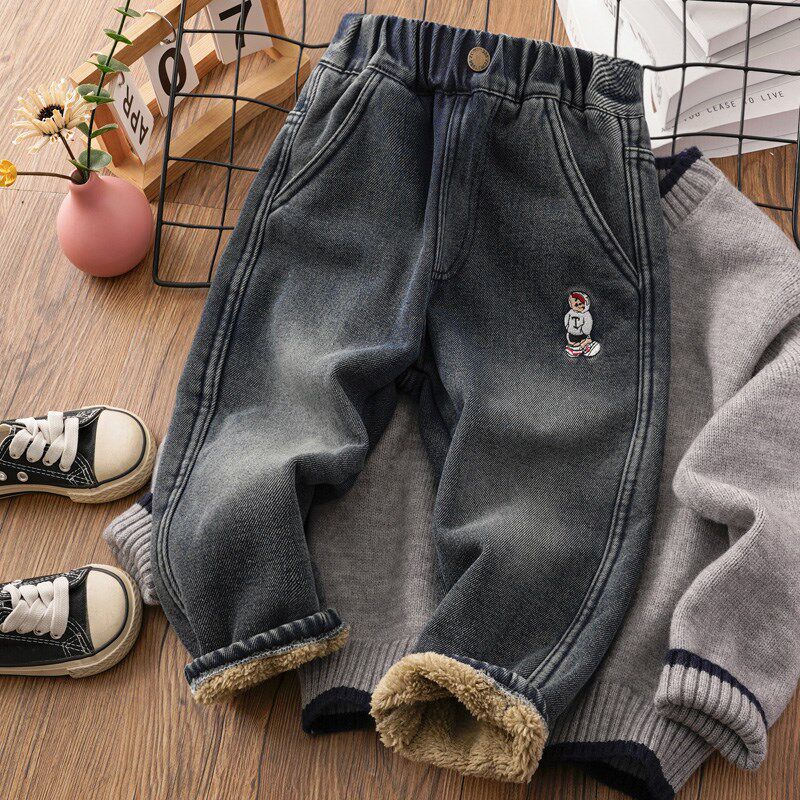 男童裤子秋冬款宝宝冬季儿童加绒牛仔裤一体绒男孩加厚保暖休闲裤