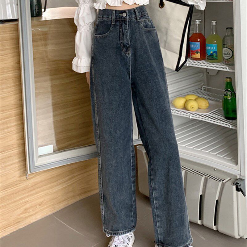 胖妹妹牛仔裤女大码梨型身材阔腿深蓝色复古宽松高腰直筒九分裤子