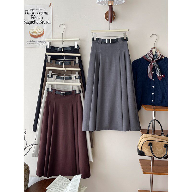 高级感复古百褶压皱灰色西装半身裙女秋洋气质休闲大摆遮胯a字裙