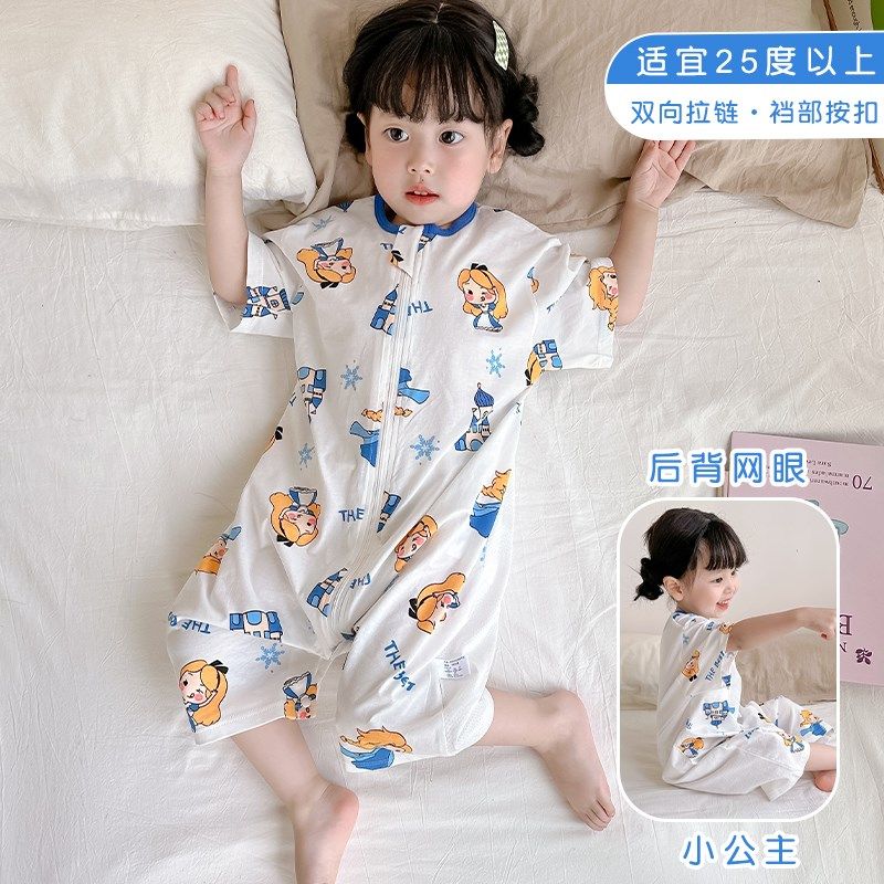 女童短袖连体睡衣夏季薄款纯棉儿童家居服婴儿睡袋宝宝空调服夏天