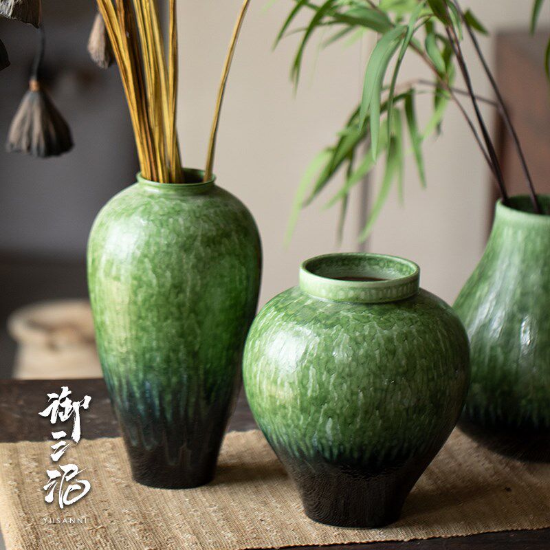 御三泥高级感瓶可水培客厅插花摆件装饰复古罐子陶瓷花瓶苏打绿色