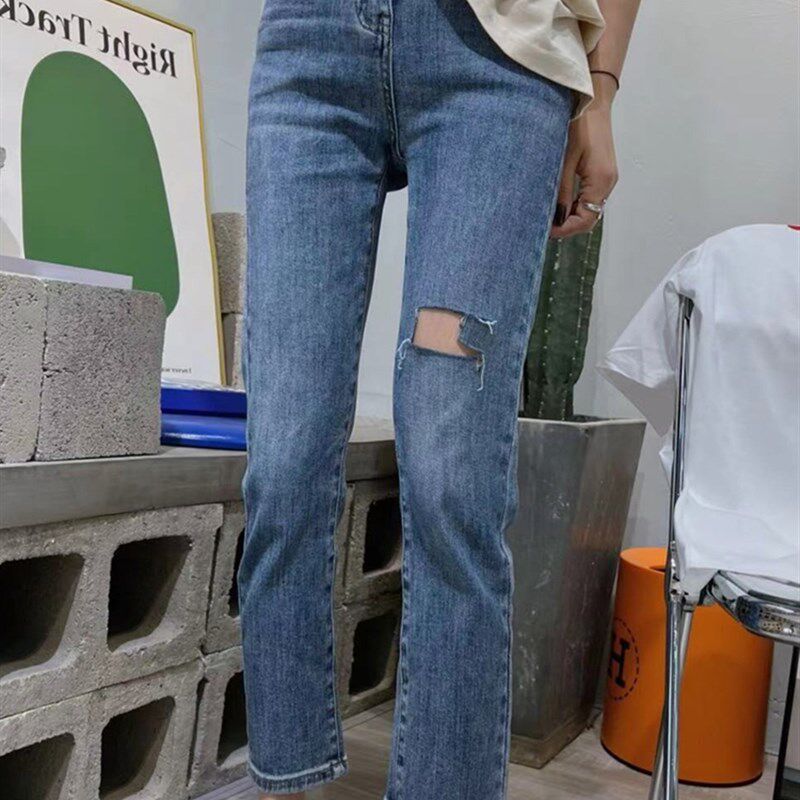夏季新款黑色破洞牛仔裤女小个子显瘦八分烟管裤子高腰弹力直筒裤