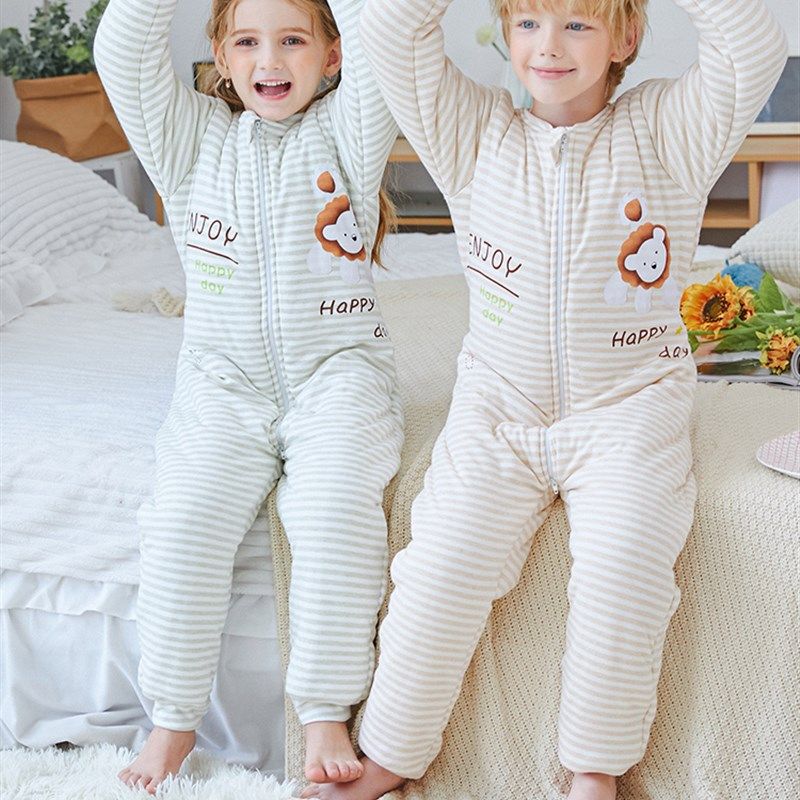 儿童连体衣秋冬加厚款夹棉睡袋纯棉男童大童防踢睡衣冬季保暖女童