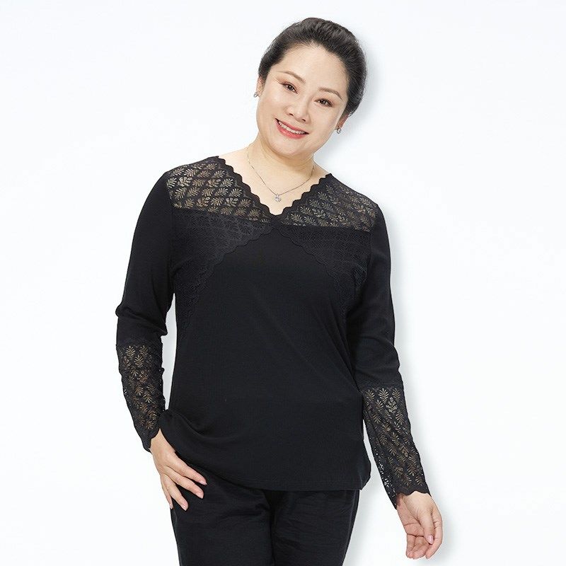 胖太太大码女装春夏季新品黑色V领蕾丝T恤打底衫显瘦潮423312810,女装/女士精品,大码内搭,淘宝优惠券,粉丝福利购,淘宝优惠卷