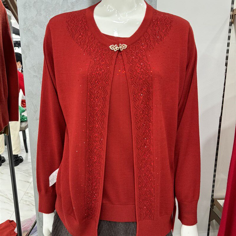 中老年人外穿秋衣薄款胖妈妈装假两件针织开衫中年人女装春秋外套