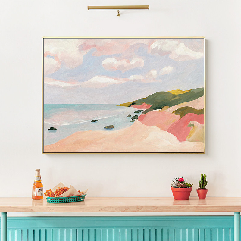 北欧风景装饰画粉色海岸客厅沙发背景壁画横版卧室床头温馨挂画