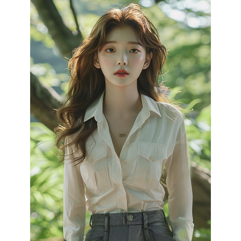 杏色长袖衬衫女春秋2024新款轻奢高级感衬衣修身法式polo领上衣