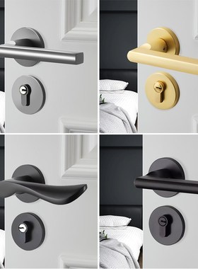 实心黑色室内家用通用型磁吸静音锁卧室门锁房间美式分体锁门把手
