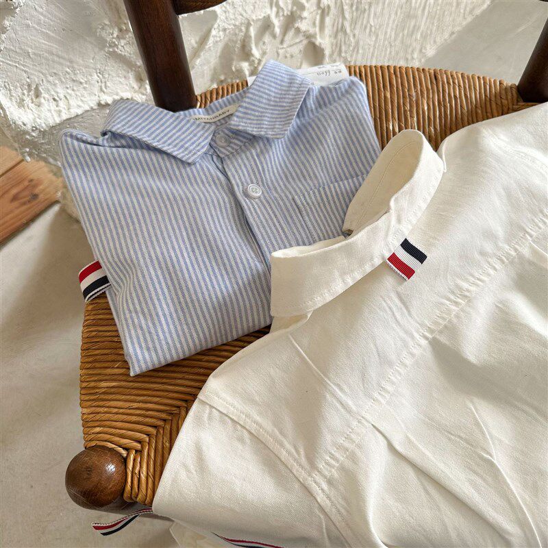 男童条纹衬衫2024春秋季学院风纯棉翻领上衣宝宝开衫薄款百搭外套