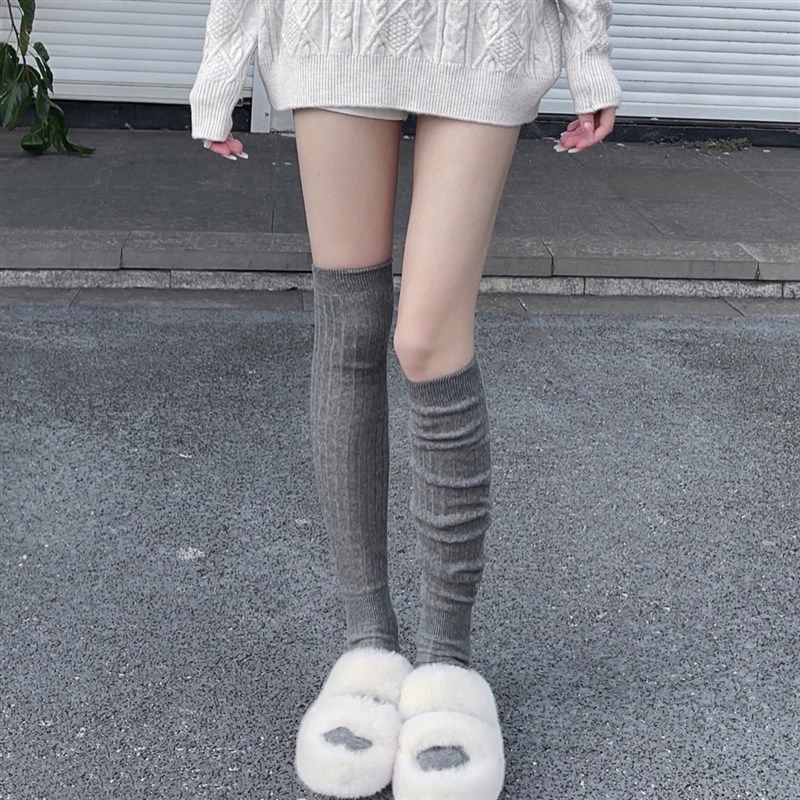 韩国东大门简约棉纱粗条纹拼接堆堆小腿袜过膝袜两穿白灰色靴袜子,女士内衣/男士内衣/家居服,长筒袜,淘宝优惠券,粉丝福利购,淘宝优惠卷