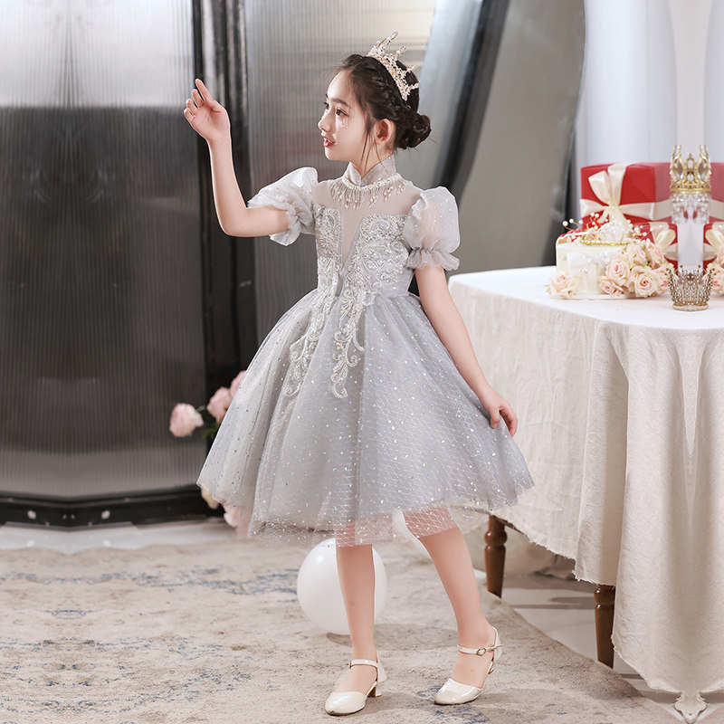 女童礼服轻奢小众高端生日花童婚纱儿童主持人钢琴演出服灰色夏季