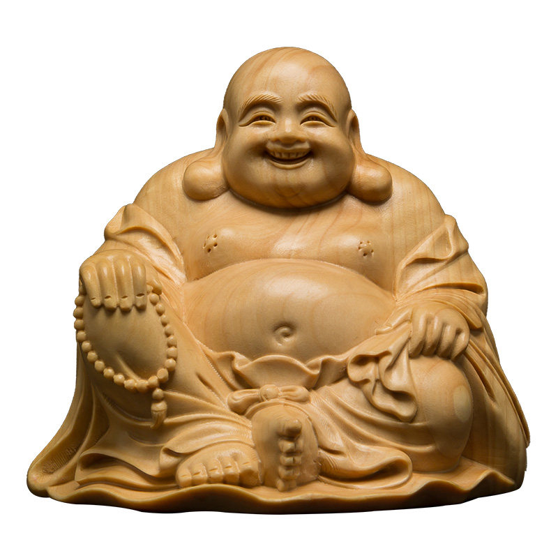 黄杨木雕笑佛像客厅实木汽车摆件供奉雕刻工艺品装饰品大肚弥勒佛