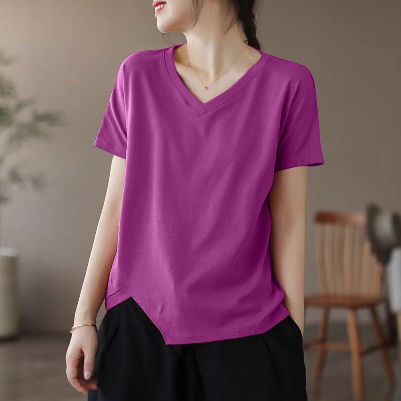 纯棉短袖t恤女夏季2024新款黑色复古V领大码宽松百搭气质打底上衣