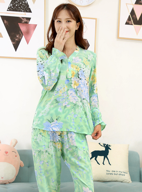 夏季棉绸睡衣女款套装长袖长裤V领中年妈妈薄款绵绸休闲服空调衫