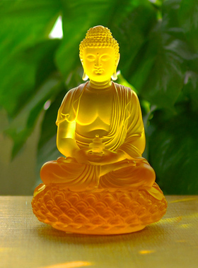 半手工古法真琉璃黄色药师佛供奉家用客厅摆件莲花底座礼盒工艺品