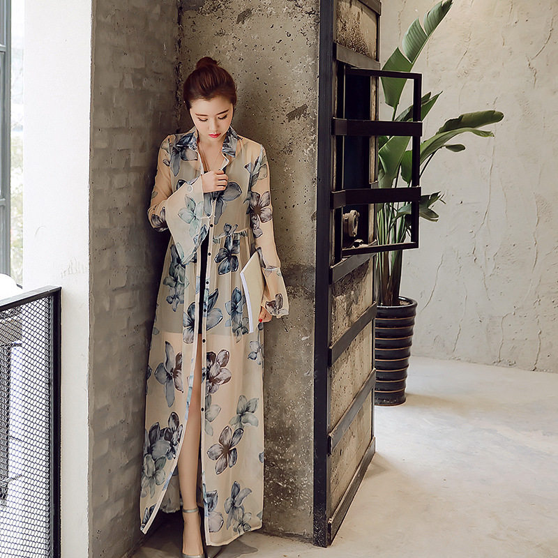 女夏季薄款海边开衫外套女中长款雪纺防晒开衫防晒衣长袖外搭开衫