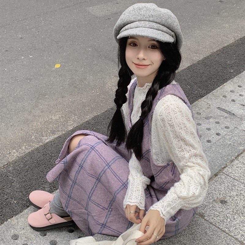 大码女装胖妹妹小个子穿搭紫色格纹内搭两件套毛呢背心裙打底套装