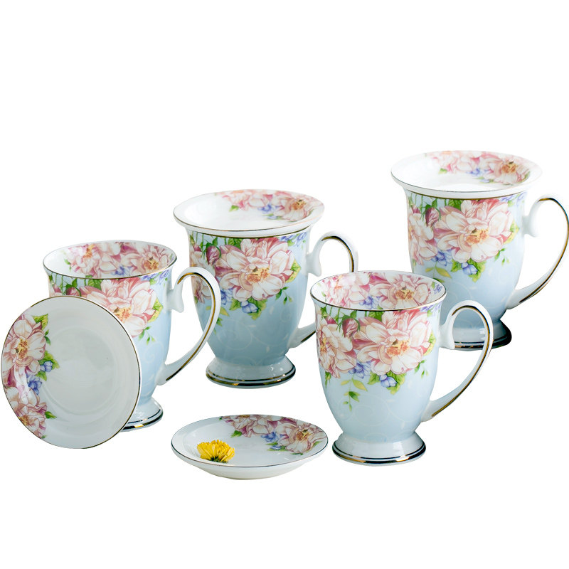 陶瓷茶杯套装家用欧式骨瓷水杯客厅喝水杯子4个装带盖北欧马克杯