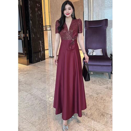 播美 春新款时尚高级亮片大摆礼服长裙喜妈妈婚礼敬酒服连衣裙女